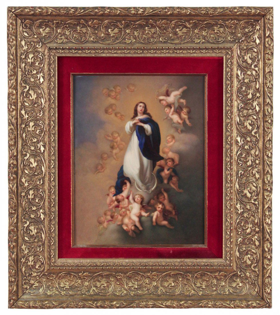 An Important KPM Plaque: a copy of Batolomé Esteban Murillo's "Conception of Soult" in the Prado Museum, Madrid,, With Penciled Inscription On Back, And Proper KPM Imprinted Mark, 19th Century, In A Velvet Lined Gilt Frame,