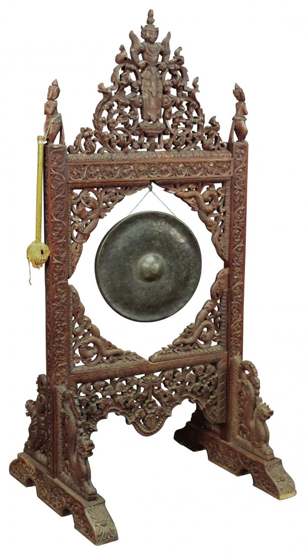 A Carved Padouk Wood Burmese Gong: With Oriental Motif Pierced Carvings, With A Hand-hammered Metal Gong And Wand 62 high x 29 wide