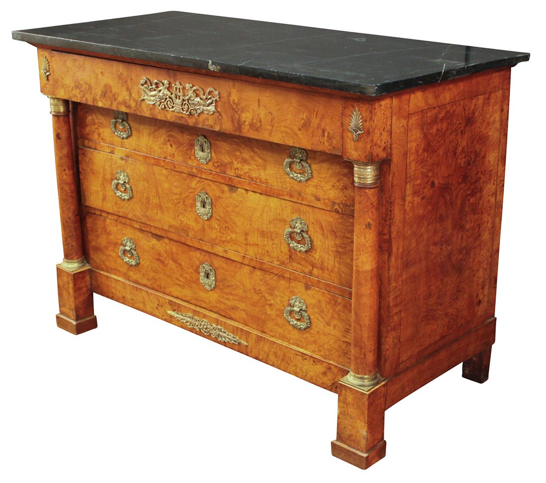 French Empire Commode: 19th Century Burled Elm, 3 Drawers, With Double Columns And Classic Empire Bronze Mounts And Belgian Black Marble Top, C. 1860, 51 wide x 25 deep x 37 high