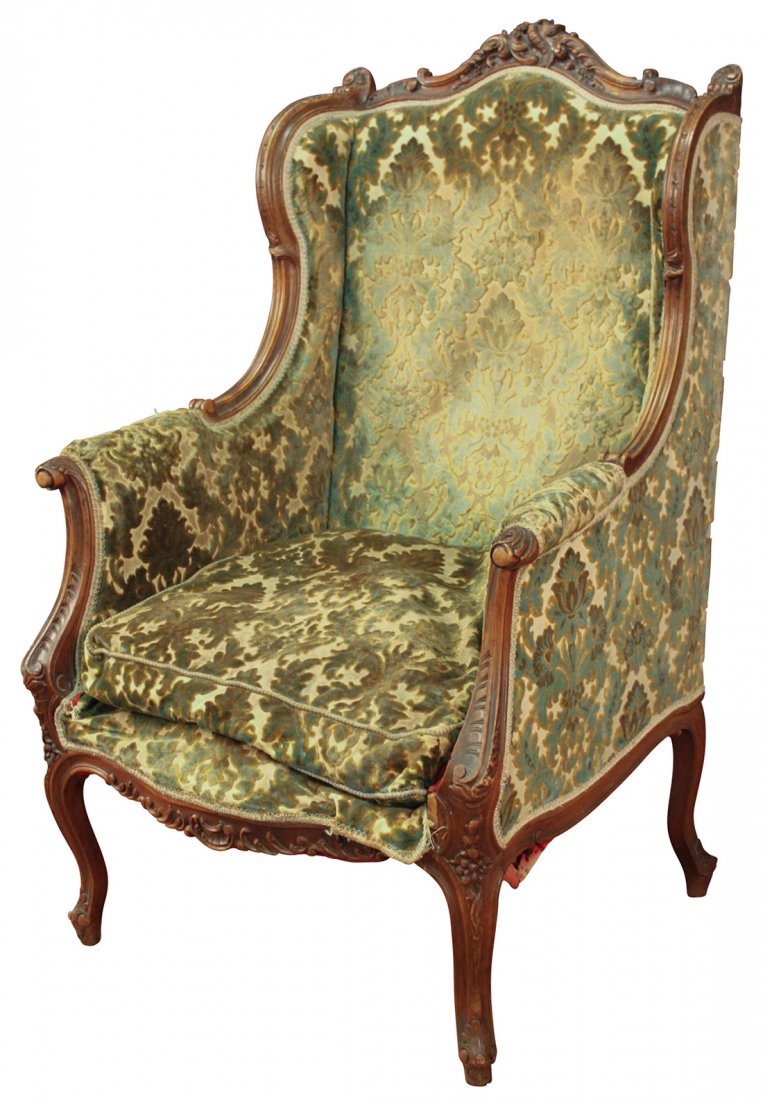 19th Century French Bergere: In Wing Back Design, Louis Xv Style, In Walnut With Carved Crest Rail, Armsand Legs, C. 1870,