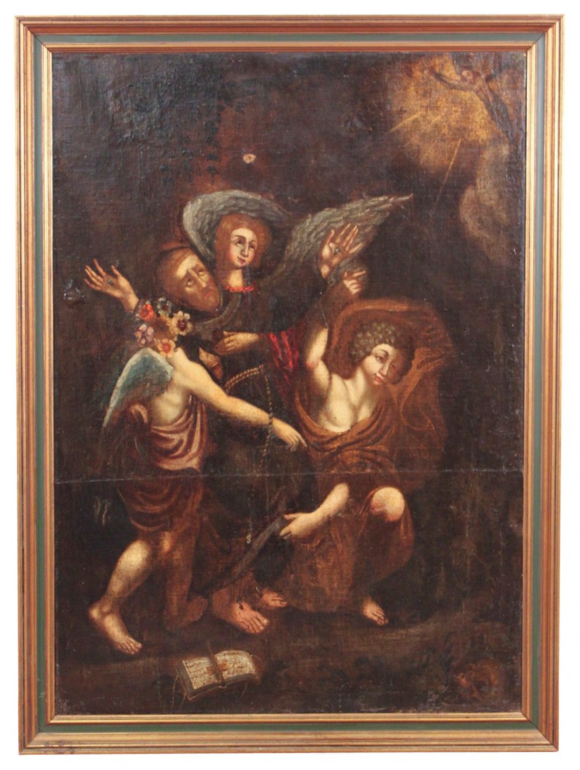 An 18th Century Spanish Oil On Canvas Painting: Depicting a saint catholic friar or Franciscan monk, and has Stamped In Block Letters On Reverse, Juan De Roclus, 60.5h X 44.5w, Circa Late 18th Century