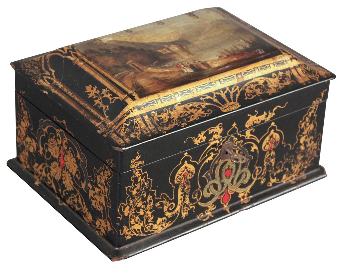 19th Century Papier Mache Box: Finely Detailed English Victorian Papier Mache Dressing Box, With Interior Tray And Bottles, With Nicely Executed Painted Lid, Depicting Figures Beside A River, Signed Cutton, Circa 1860, 10 L X 7 D X