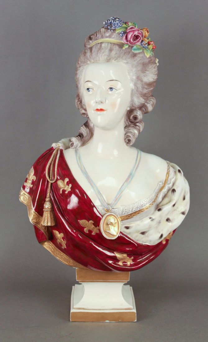 Large Continental Porcelain Bust of Marie Antoinette: in regal attire, marked with crown over interlocking reverse C marks, 29'H x 18h, a porcelain copy of marble bust housed in the Louvre