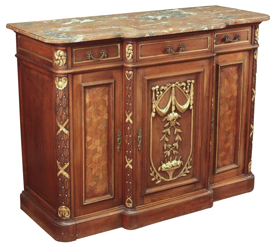 A French Parquetry Walnut Buffet: With Nice Carvings And Parcel Gilt Highlights And Having A Salmon Marble Top, 51" long x 22" deep x 39" high