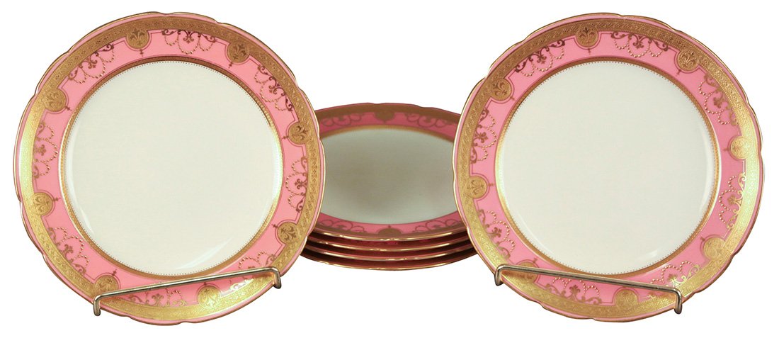 Set Of 6 Minton Luncheon Plates: With Pink Gold Encrusted Borders, Marked Minton And Made For Tiffany, New York, 8.25 Diameter