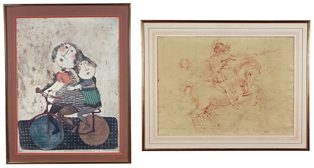 A Framed POSTER, Figures On Bike: 28.5 X 22, Together With A Pencil Drawing Of Roman Figure On Horseback, Signed