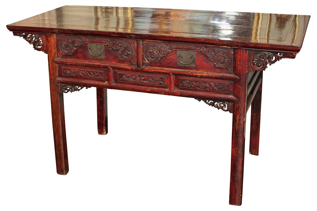 An Oriental Carved And Lacquered Credenza: With A Dark Lacquer Finish, Two Drawers And Carved Accents, C. Late 19th Century