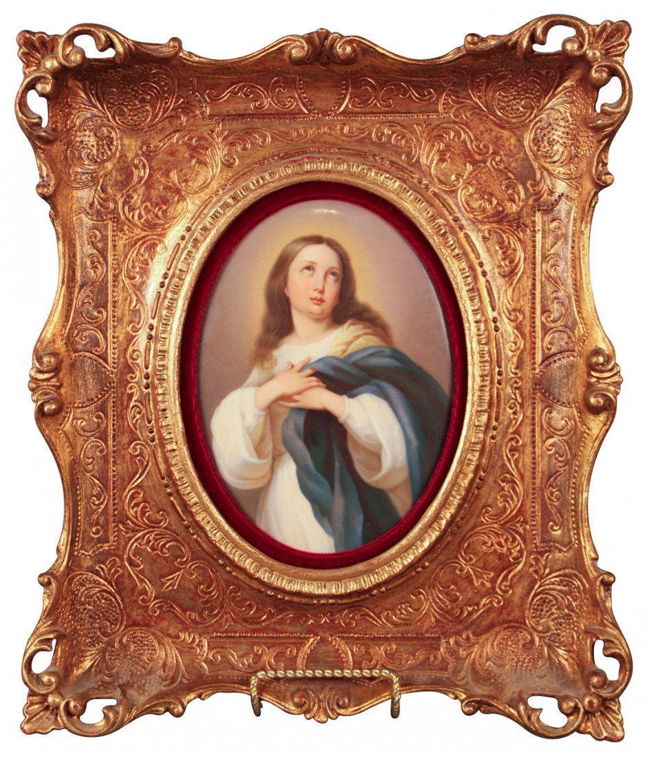 A Berlin Kpm Porcelain Oval Plaque Of Lady: Of Robed Lady Gazing Upwards, In Beautiful Etched Gilt Frame, With Correct Kpm Incised Mark On Reverse, 16.5 H X 14w (frame), Circa 19th Century