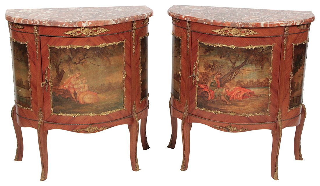 A Pair Of French Louis XV Style Commodes: With Marble Tops, And Vernis Martin Painted Decorated Doors And Sides, And Bronze Mounts, In Bow Front Form, C. 1900, 32h X 28w X 15d