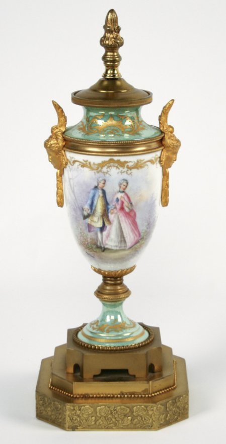 French Dore Bronze Mounted Urn: With A Courting Scene Depiction And Landscape On Reverse, Signed Le Franc, 14" H, Wired As Lamp, With Base And Finial