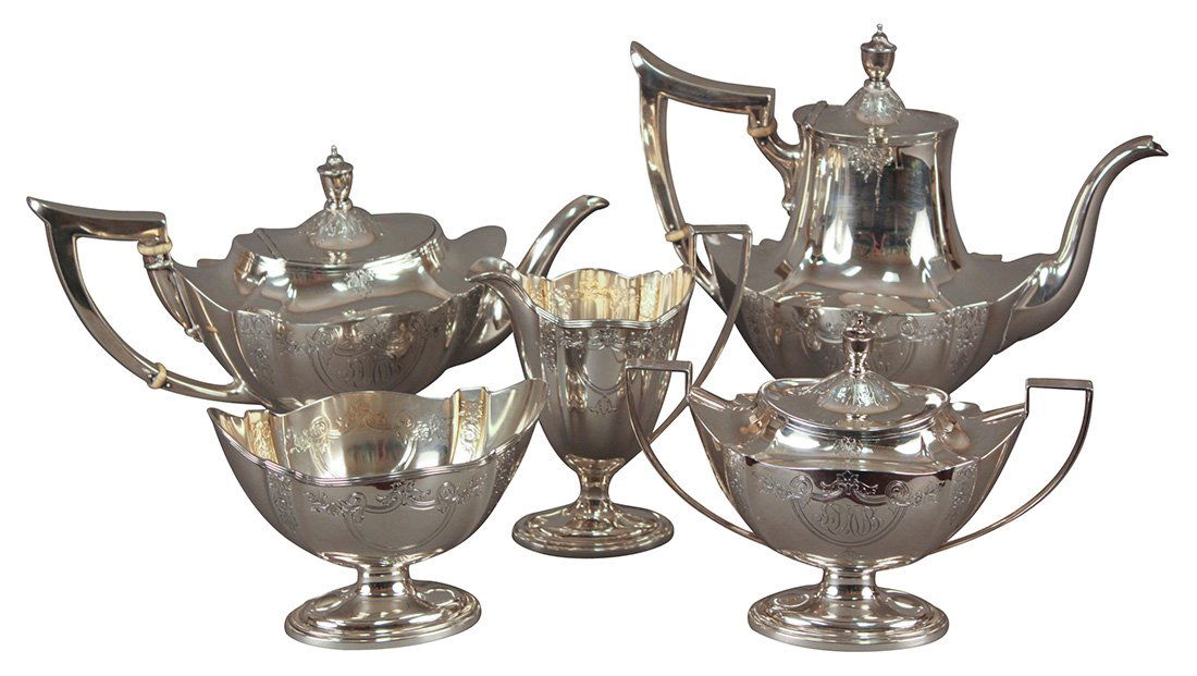 A 5 Pc. Sterling Silver Tea Set: Georgian Design, Weighing 61 Ounces (55 troy oz)