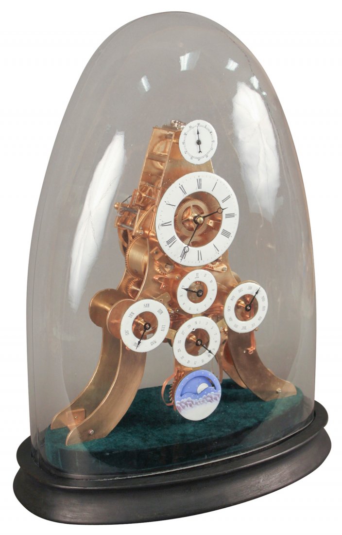 A Rare Beviel Brass Perpetual Calendar Clock: With Multiple Enameled Dials And Enameled Moon Phase Dial, Circa Last Quarter 20th Century, In A Hand-blown Glass Dome, Set On Ebonized Wood Base, Overall Height Inc. Dome, 24.5" X 18.5 W, Clock Is 16
