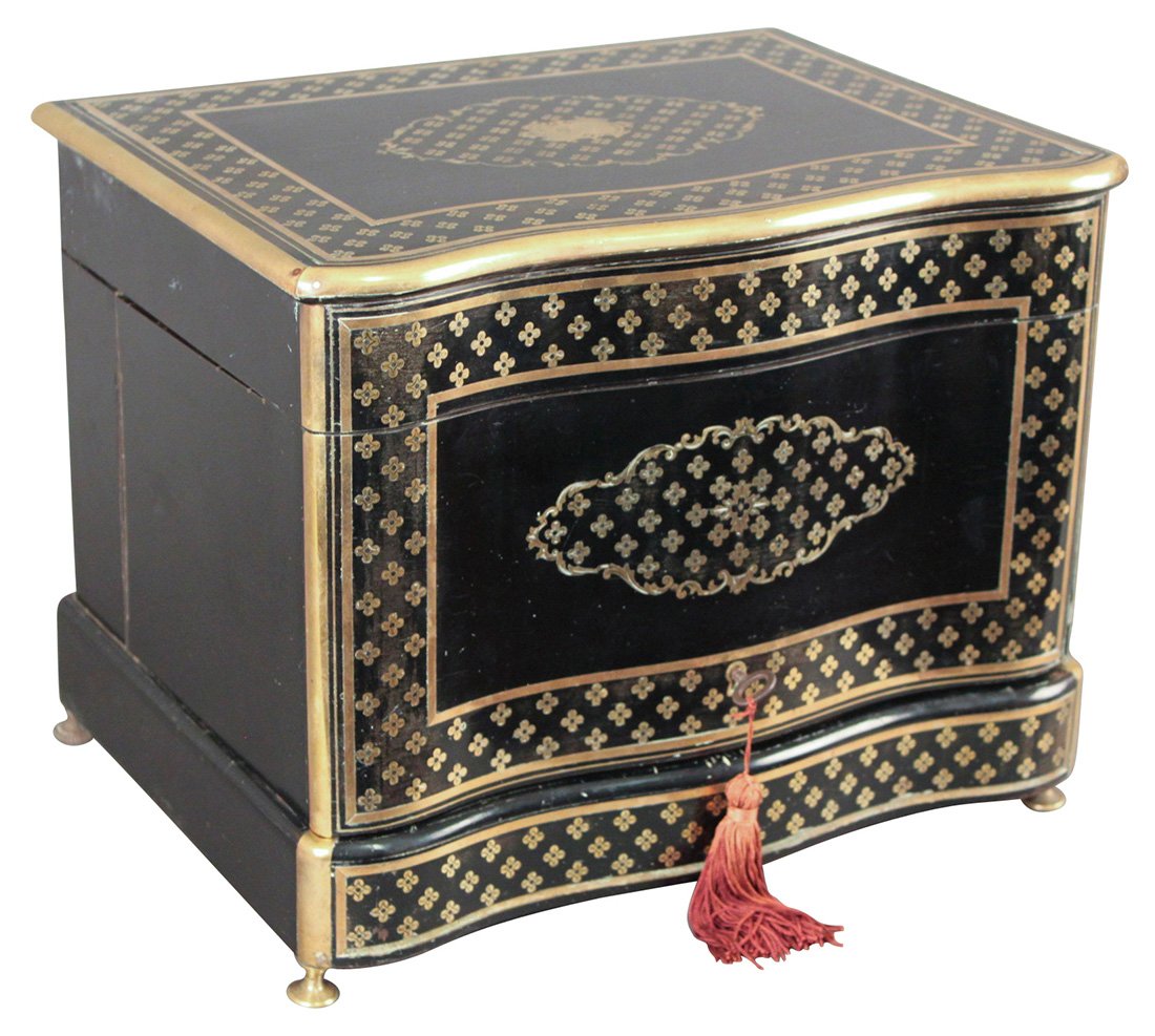 A Napoleon Iii Ebony Brass Inlaid Tantalus: With Elaborate Engraved Floral Inlays, And Rosewood Interior, With French Etched Crystal Liqueur Bottles And Glasses, 19th Century, C. 1860, Signed On Lock, Tahan, Paris