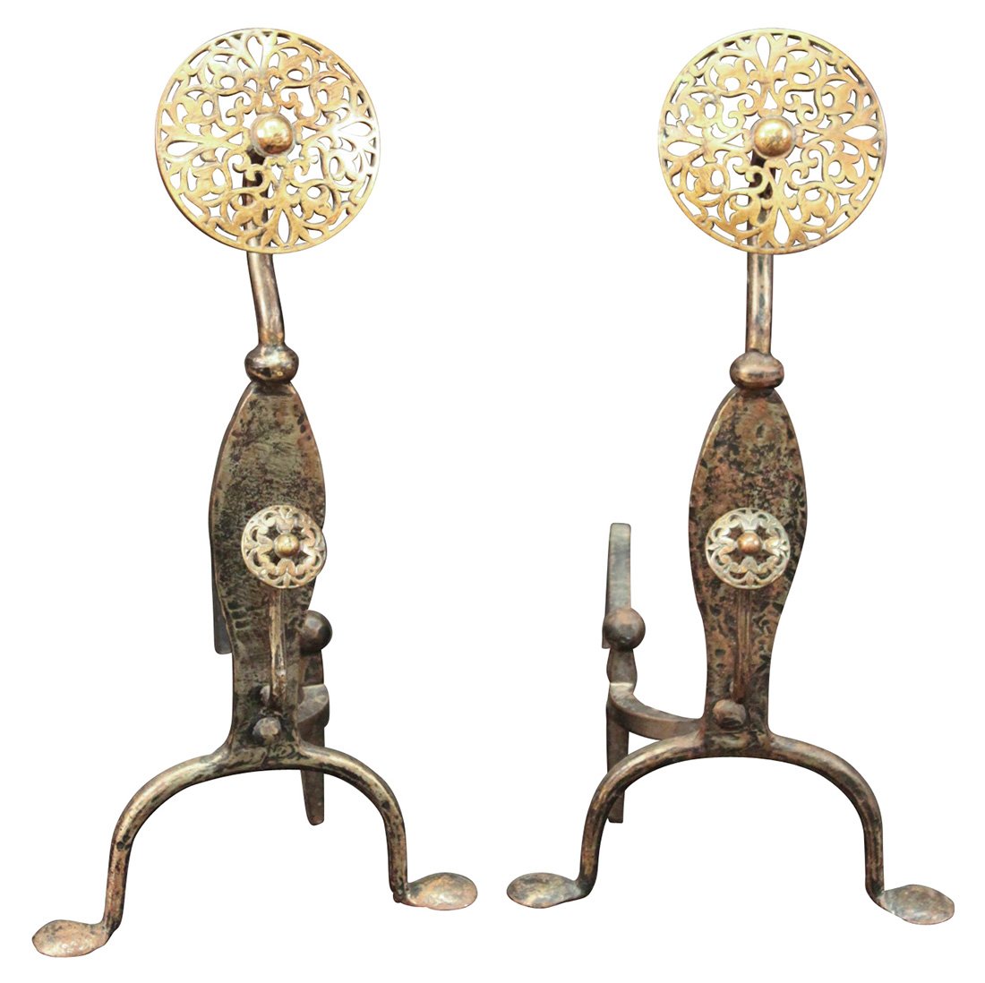 A Pair Of American Arts And Crafts Andirons: Constructed Of Iron And Brass, With Antique Patina, C. 1930, 27 H X 13 W