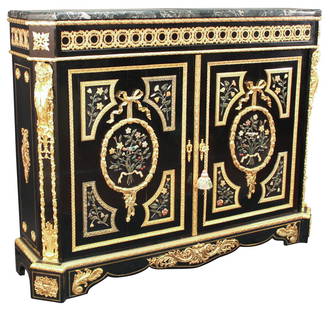 Important French Napoleon III Ebonised Cabinet: Of Monumental Size, With Exquisite And Detailed Dore Bronze Mask Mounts, Dore Bronze Ribbon And Swag Decorated Doors, With A Black Veined Marble Top, With Heavy Bronze Label Embedded In Back, Inscribe