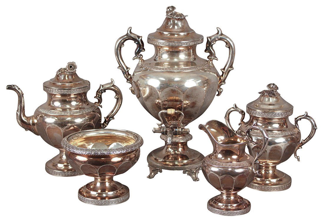 A 5 Piece Ball And Black Coin Silver Tea Service: With Tea And Coffee Urn, Stamped Ball And Black, American Maker, Circa Late 19th Century, And Co. Initials E And G, ( Eaton And Gordon), Coin Silver Weighing 152 Ounces