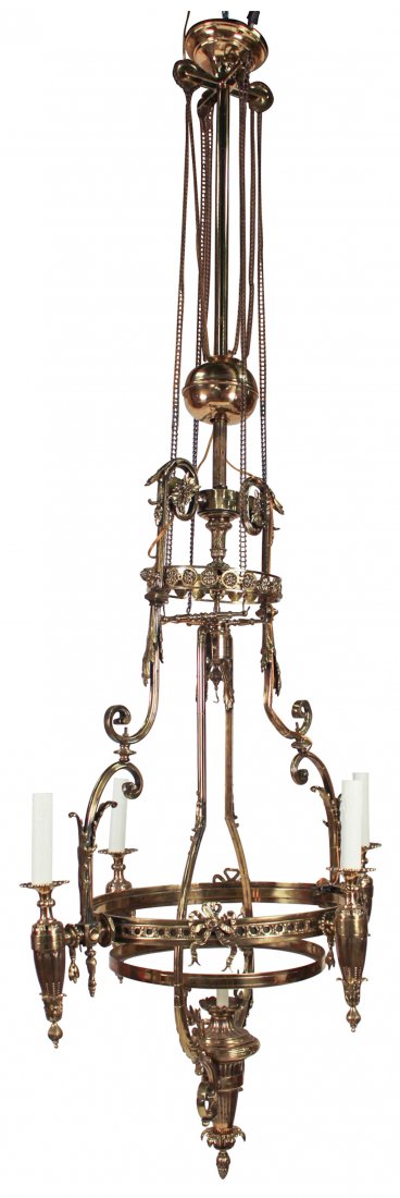 A Massive American Victorian Brass Fixture: Original Gas Light Fixture, 5 Lights, With Lowering Weight Mechanism, 87 H X 35 Diameter, Circa 1870