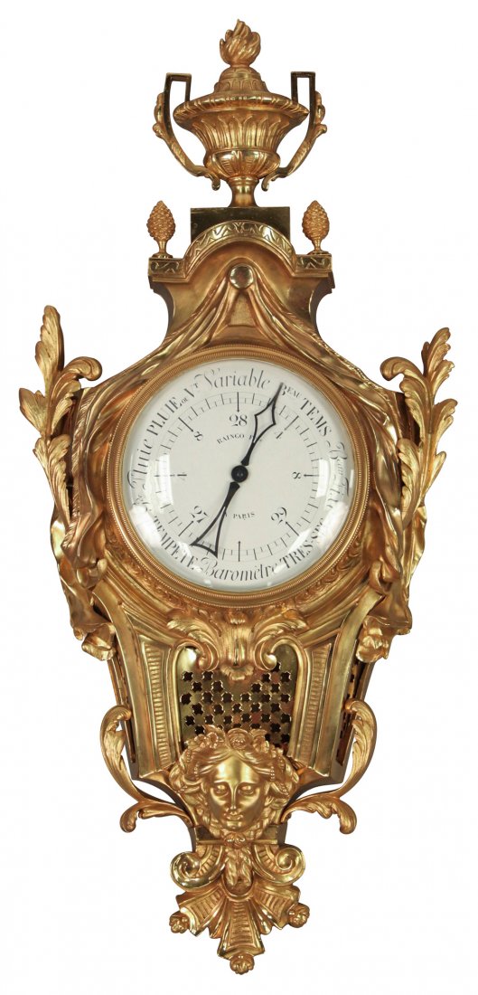 Important Dore Bronze French Variable Barometer: With Finely Detailed Urn, Swag And Mask Motif Details, Dial Inscribed, Rango F. Res, A. Paris, Circa 1870, 36h X 17 W X 6 D
