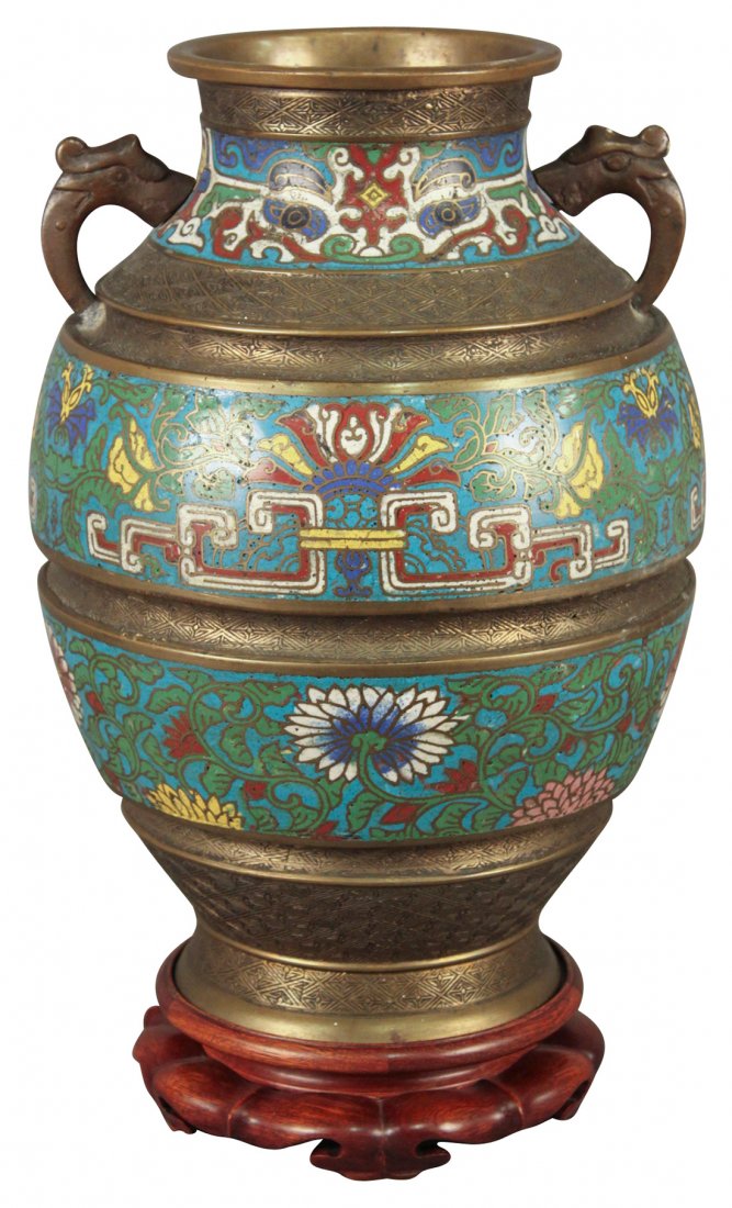 A 19th Century Qing Chinese Bronze Vase: Double Handled, Champleve Inlays