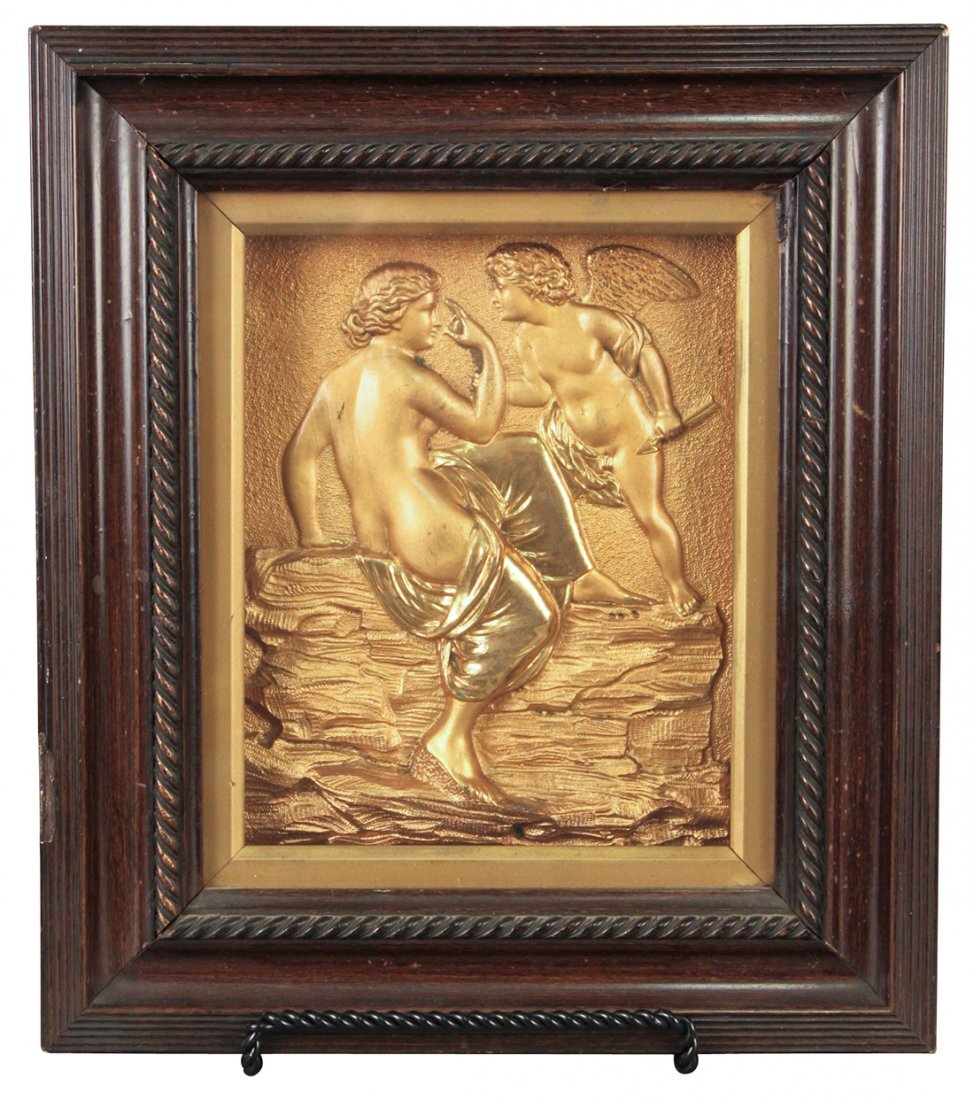 A Ebony Frame Bronze Plaque: Classic Relief Sculpted Of Two Angels, 12.5 X 11, Circa 19th Century