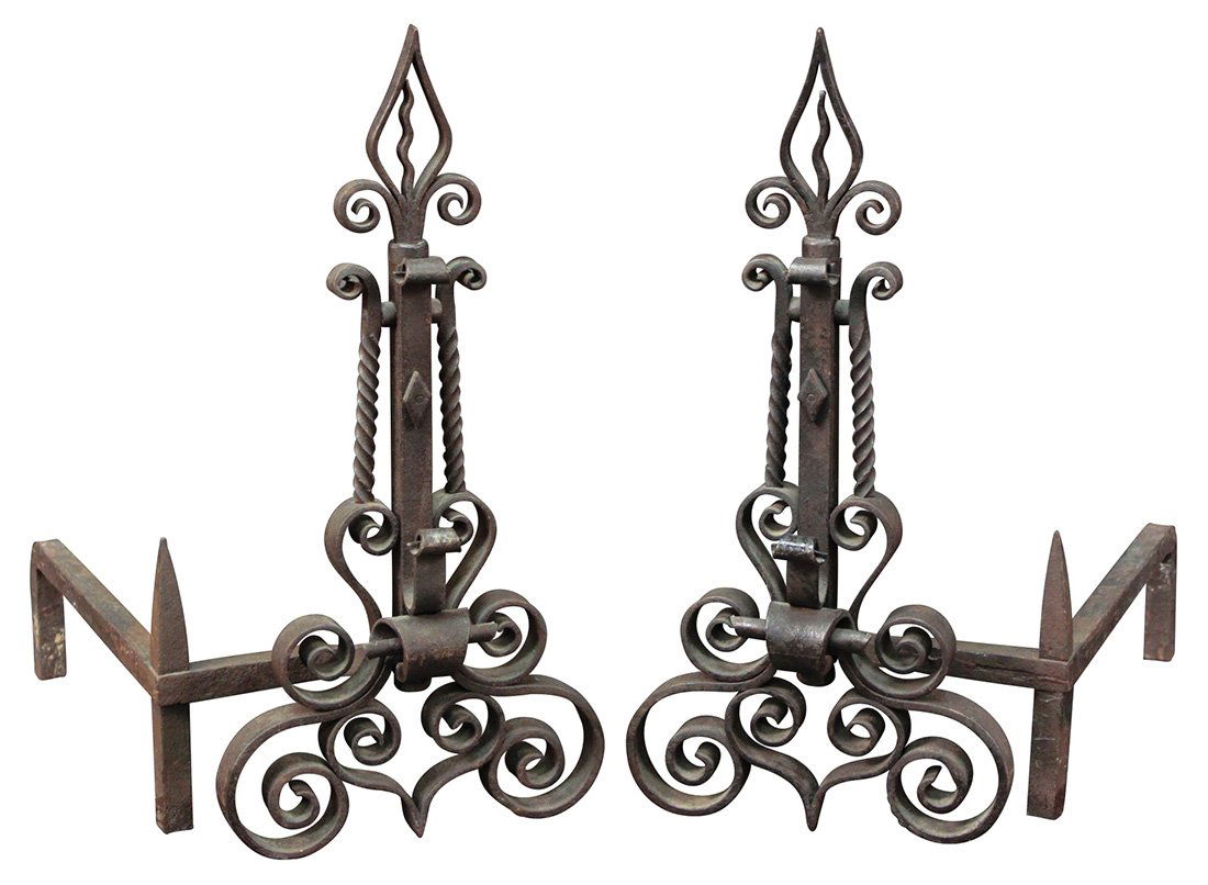 Pair Of Antique Wrought Iron Andirons: desirable size; early 20th c.