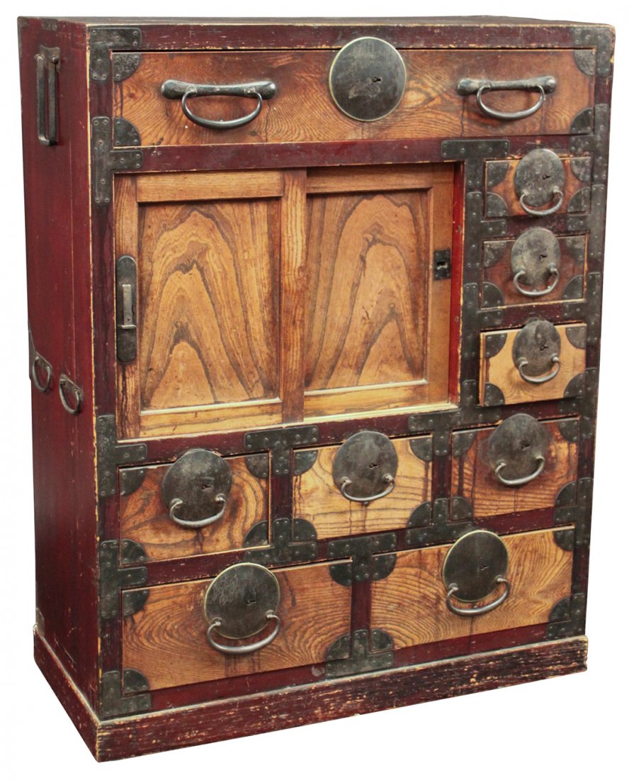 A Chinese Pine And Elmwood Storage Chest: With Iron Handles And Nail Head Metal Trim, Multi Drawers, C.1890, 34 1/2 W X 42 1/2 H X 15 D