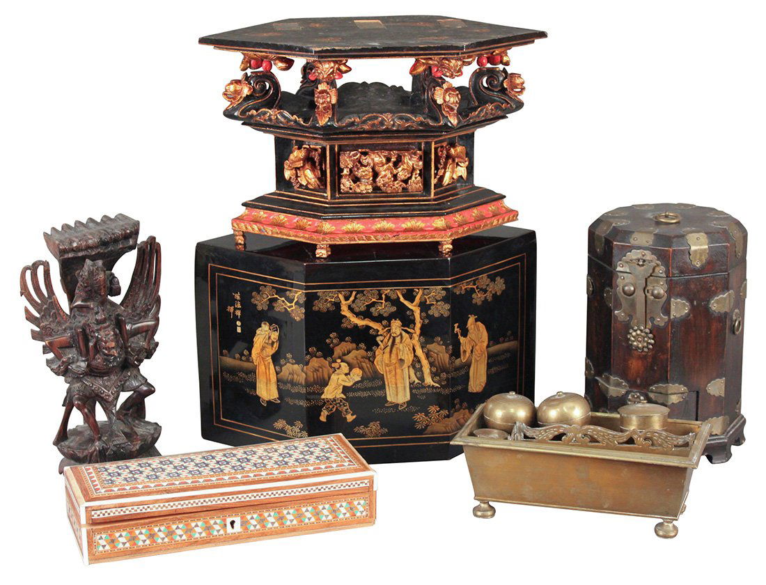 A Group Of 5 Misc. Oriental Decorative Boxes Etc: with nice lacquered and carved box