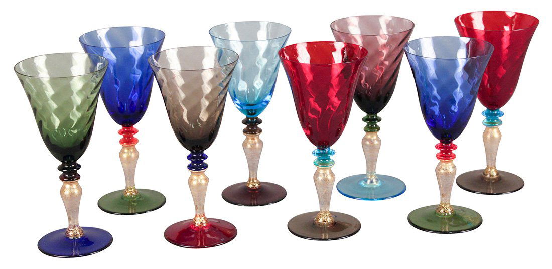A Set Of 8 Multi Colored Wine Glasses