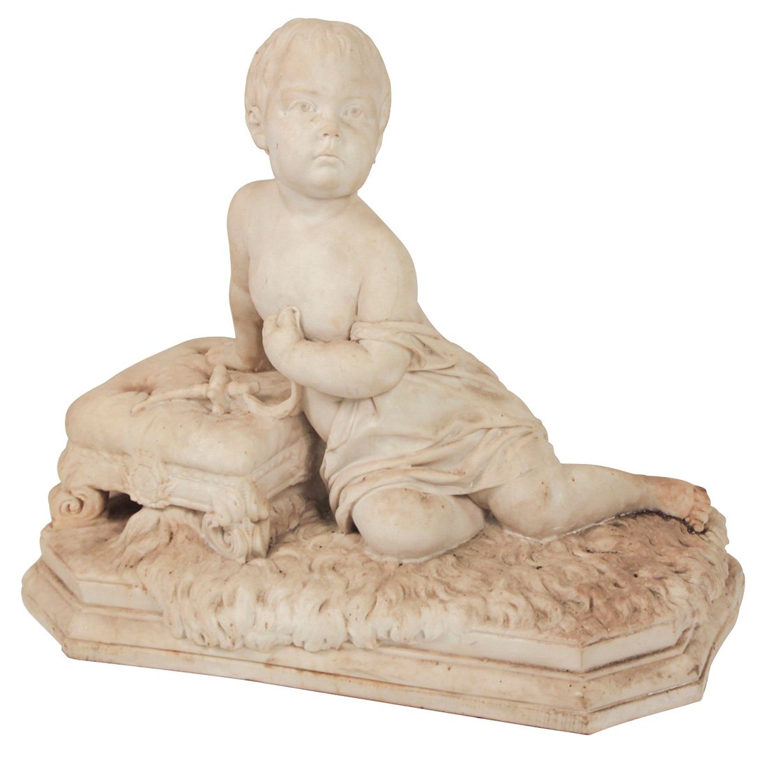 Composite Marble Figure Of Boy: Resting Agianst A Footstool, 28w X 25h X 15 D