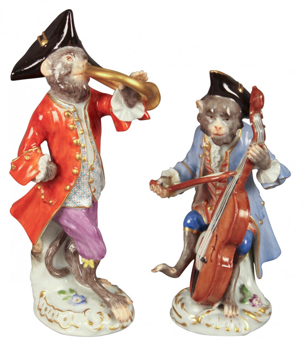 Two Miessen Porcelian Monkey Band Figures: Both With Crossed Sword Marks, Damage To Bow Of Chello Player, 6" And 5" High