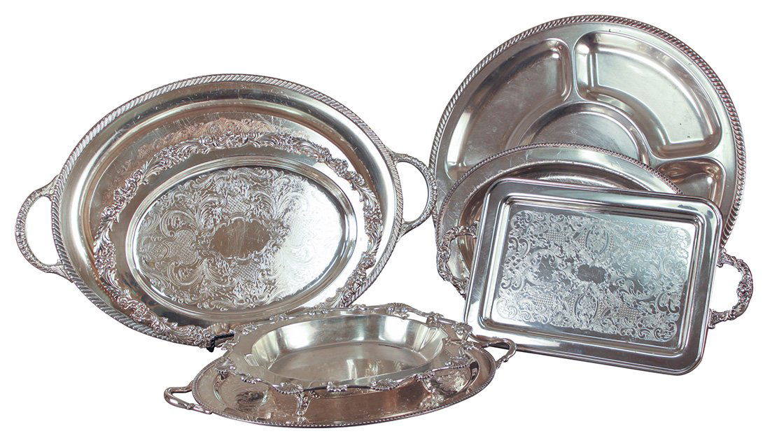 A Group Of 7 Assorted Plated Silver Trays: including oval and double handled trays