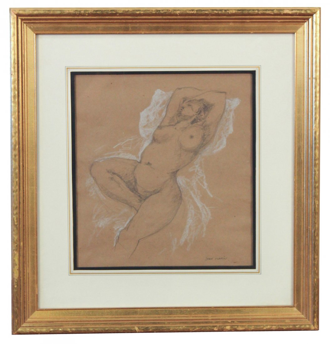 Jean Marin, Framed Charcoal Drawing: Nude Lady in repose; 25" x 25"