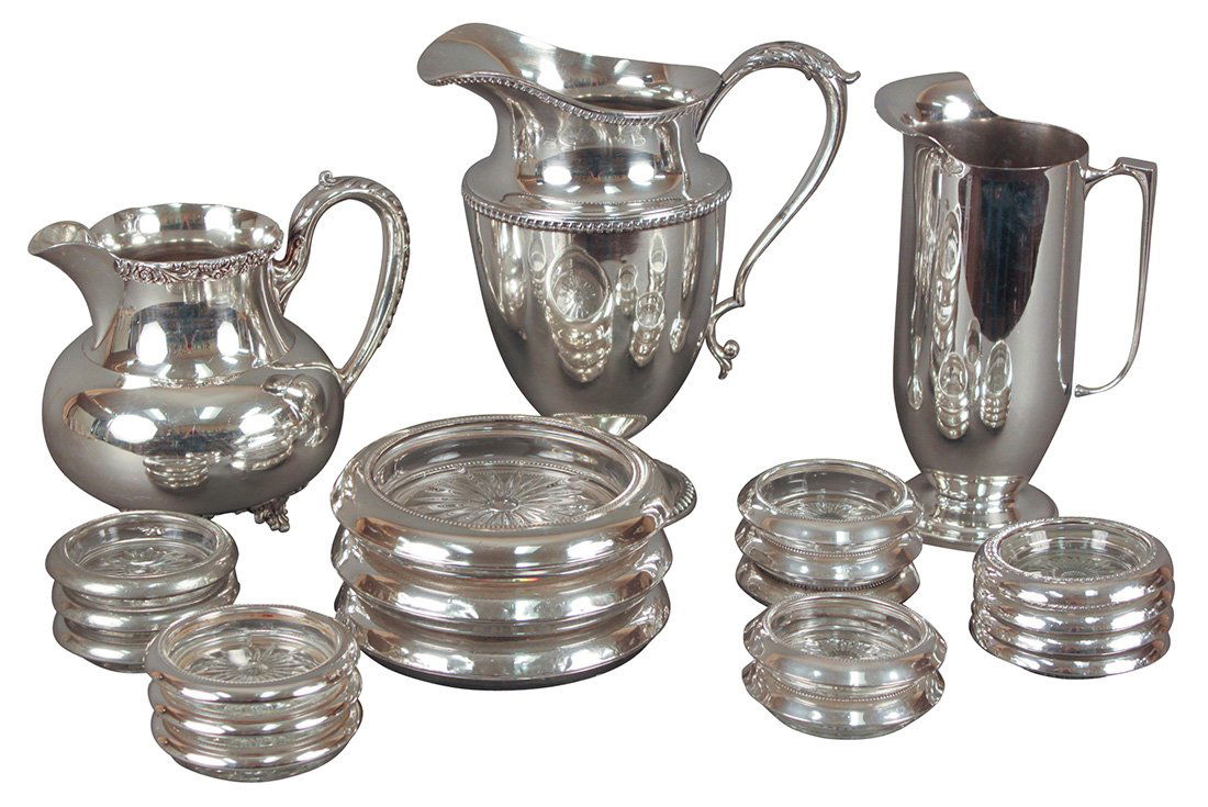 21 Pieces Misc. Silver Plated Items: Inc. 19 Crystal Coasters And 3 Pitchers