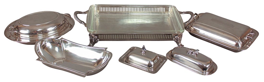 6 Assorted Pieces Of Plated Silver: Inc. Casserole Dish, Chaffing Dishes, Butter Dish, Etc. Some By Reed And Barton