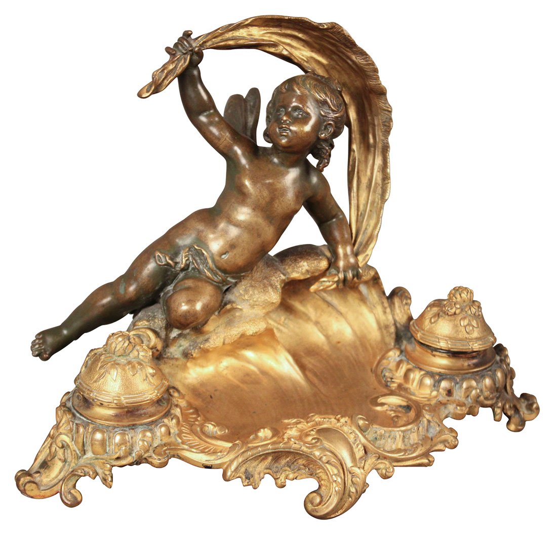 French Bronze Inkwell, Signed Moreau: 7" H, 10" W, 7" D