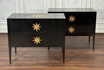 Pair Italian Inlaid Black Lacquer Commodes