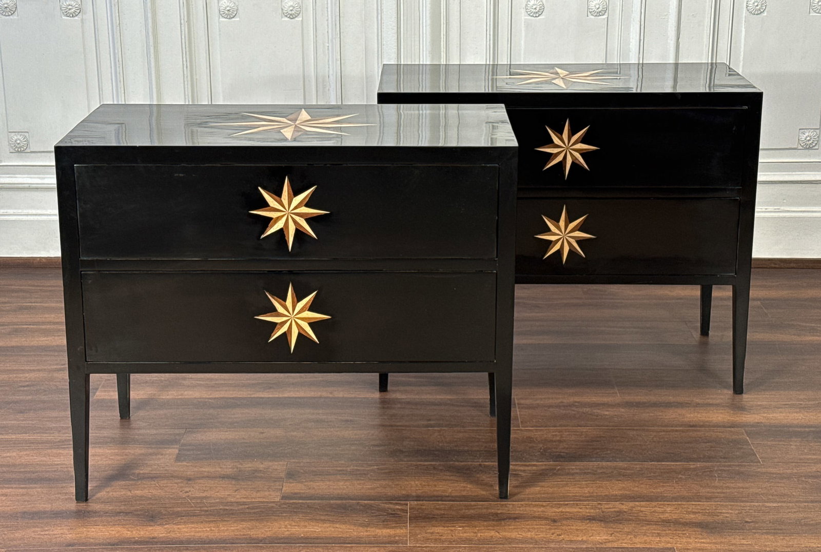 Pair Italian Inlaid Black Lacquer Commodes (1 of 8)