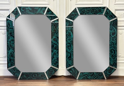 Pair Eglomise Faux Malachite Mirrors