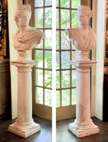 Antique Carrara Marble Diana And Apollo Busts And Pedestals