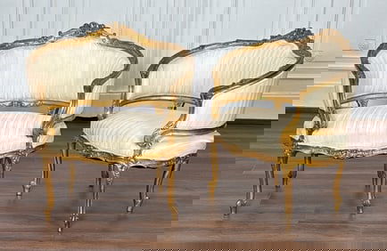 Pair Louis XV Style Bergere Giltwood Armchairs