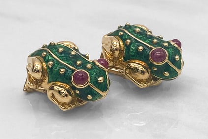 David Webb Style Enamel And 18k Frog Earrings