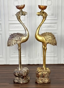 Near Pair Large Carved Giltwood Herons