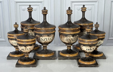 Eight Italian Painted Wood Apothecary Jars
