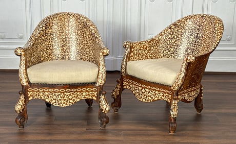 Pair Anglo Indian Inlaid Hardwood Armchairs