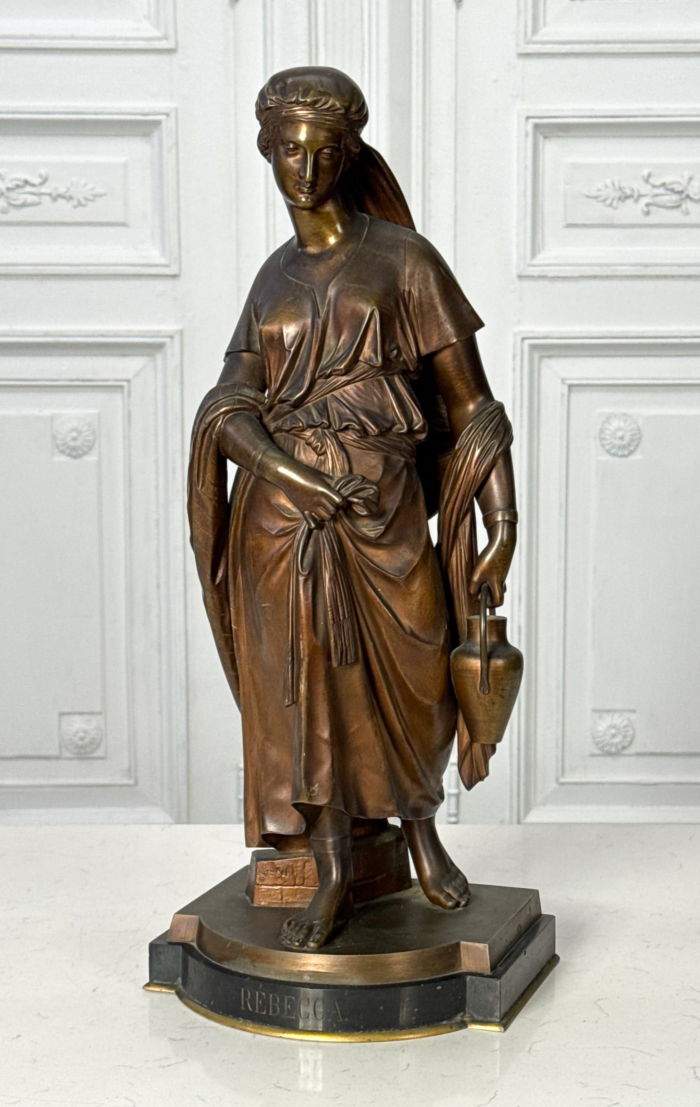 Guillaume Geefs, Belgian, 1805-1883: Guillaume Geefs, Belgian, 1805-1883, Rebecca, Biblical Figure With Water Jug, Bronze, Inscribed Signature Lefthand Side Of Base, Titled On Black Belgian Marble Plinth, Height 19.5, Width 8.5, Depth 7.