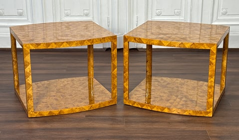 Pair Karl Springer Style Inlaid Side Tables