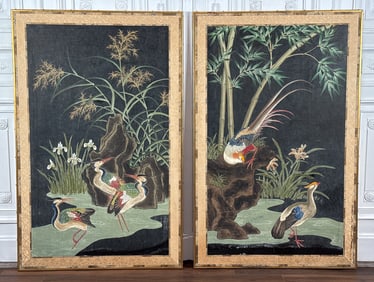 Pair Large Asian Painted Lacquer Panels