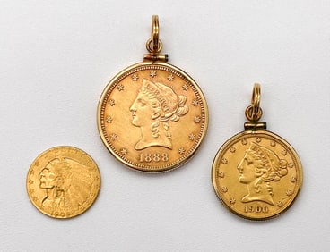 Group Of Three Gold Coins, Indian And Liberty Eagle