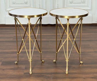 Pair Empire Style White Marble Bronze Gueridons