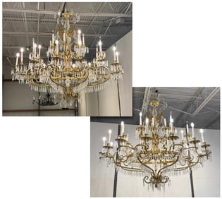 Pair Monumental Gilt Bronze & Crystal Chandelier